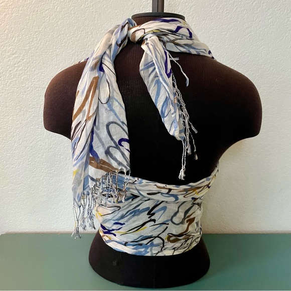 Brown Blue and White Abstract Pattern Print Thin Knit Scarf Shawl with Fringe - Picture 5 of 11